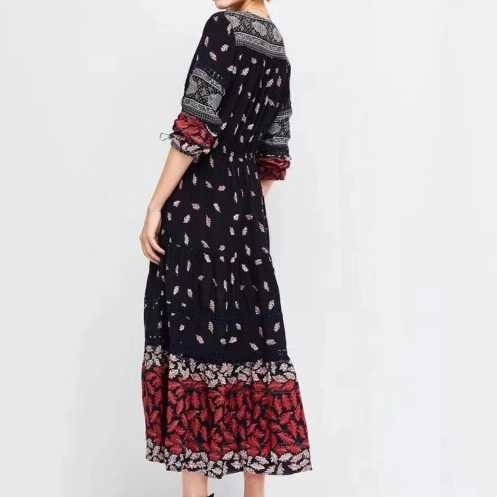 Sea New York Eloise Boho Fall Leaves Long Sleeve Tassel Tie Silk Midi Dress 2 - Picture 9 of 13